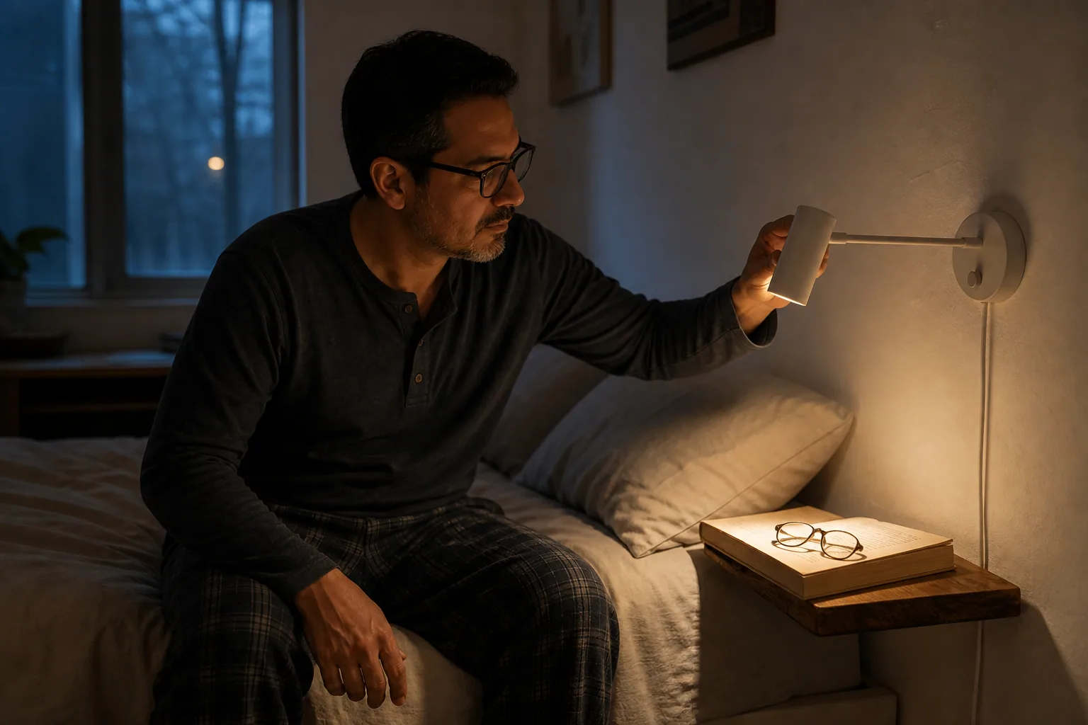 Warm bedside lamp beside natural linen bedding in a comfortable lived-in bedroom