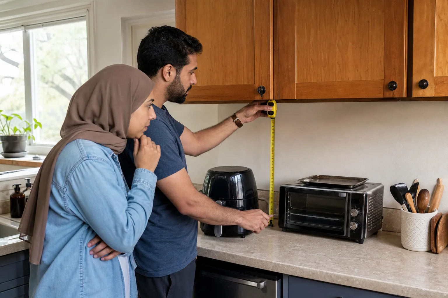 Lived-in kitchen with everyday tools and open counter space for practical cooking