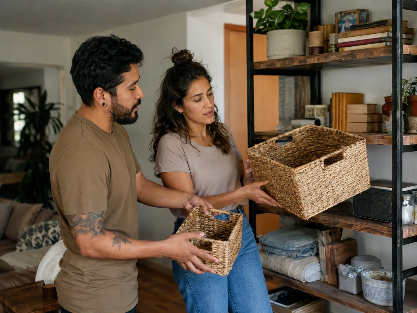 Woven baskets and open storage arranged in a compact lived-in apartment entry