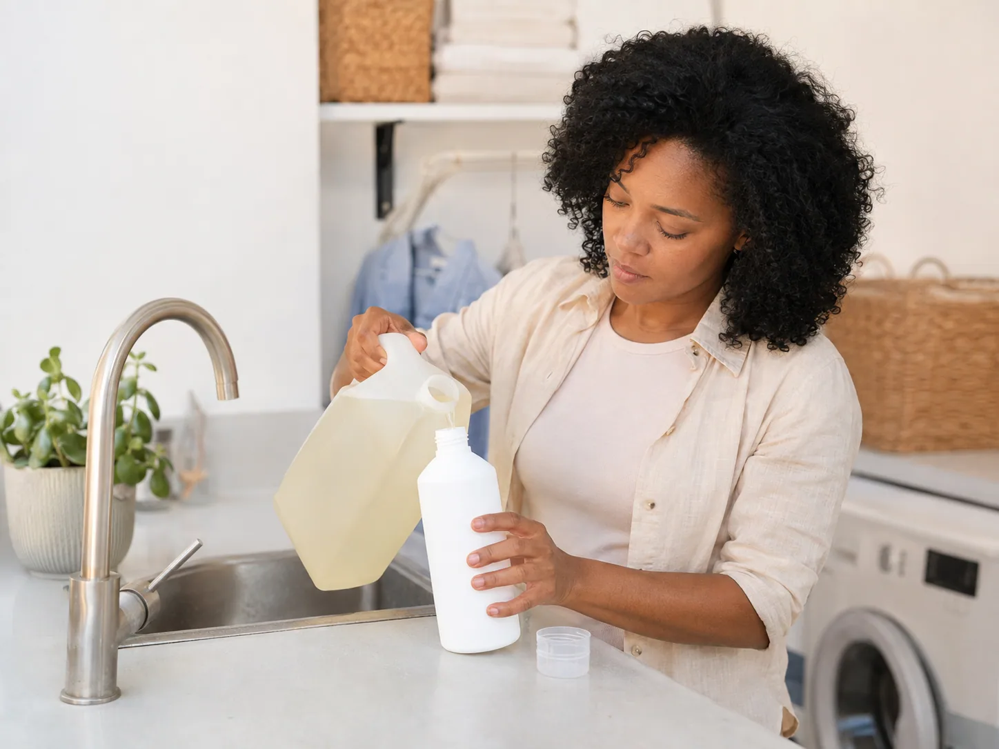 Natural-light kitchen refill routine with reusable jars, cloths, and a grocery tote