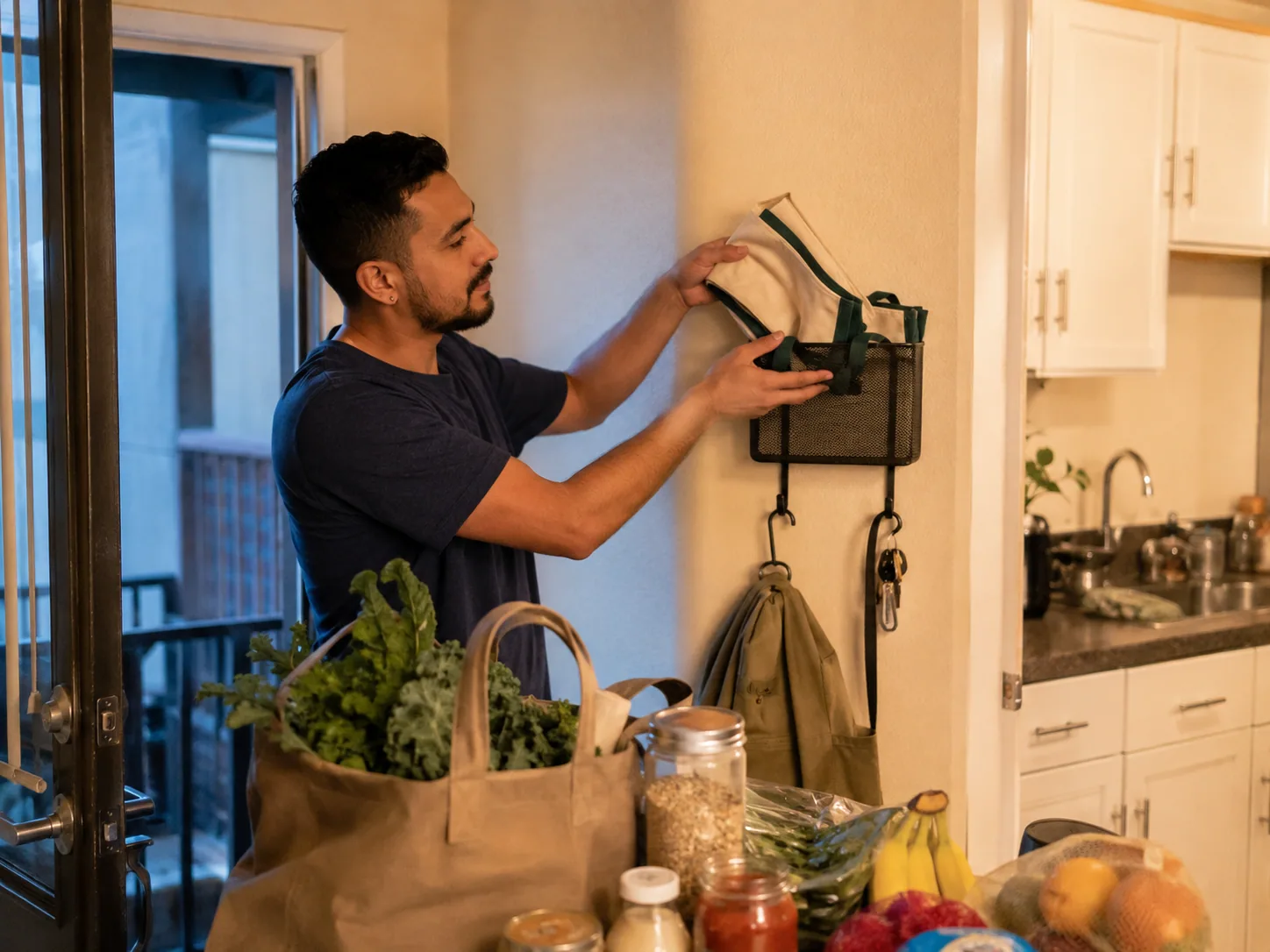 Reusable grocery tote and pantry staples arranged for a realistic kitchen routine